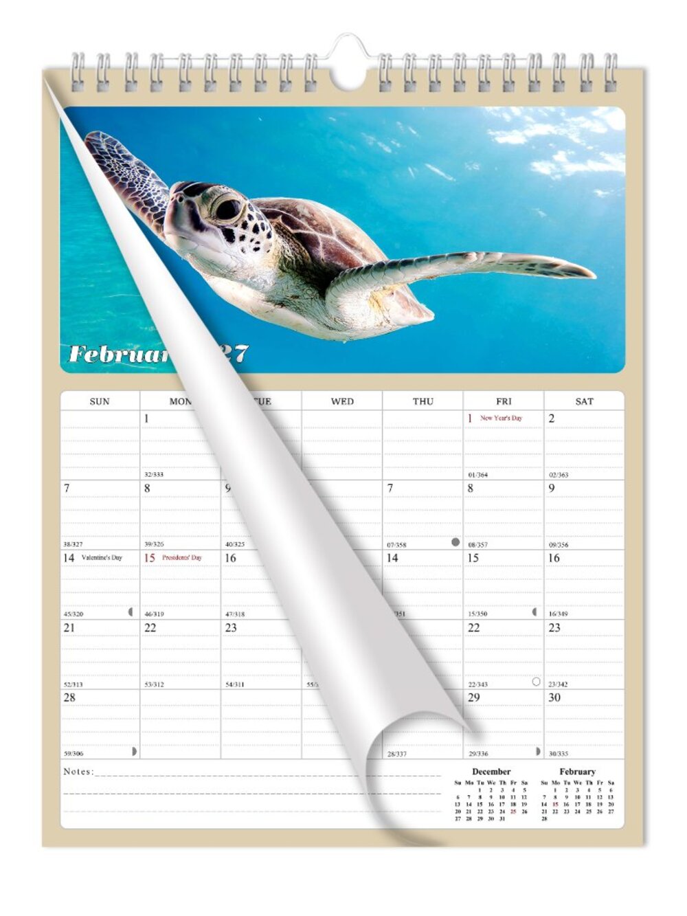 2027 Wall Calendar Spiral-bound Twin - 12 Months Planner 8.5 x 11 (Turtles)